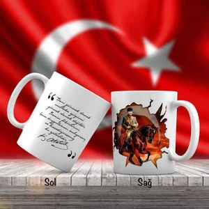 Asil Hediyelik At Üstünde Mustafa Kemal Atatürk -Ay Yıldız - Atatürk'ün Sözleri -Kupa Bardak
