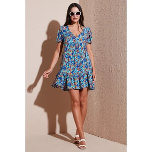 Regular Fit V Yaka Balon Kol Desenli Mini Elbise Bayan Elbise 67810045