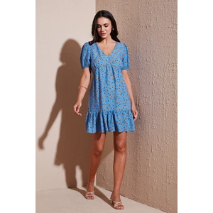 Regular Fit V Yaka Balon Kol Desenli Mini Elbise Bayan Elbise 67810045