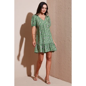 Regular Fit V Yaka Balon Kol Desenli Mini Elbise Bayan Elbise 67810045