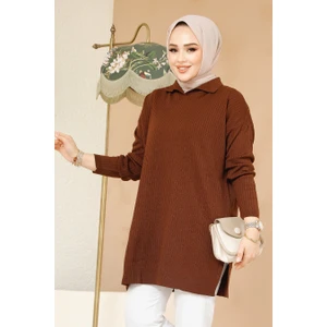 Fitilli Kahverengi Tesettür Triko Tunik 65903KH