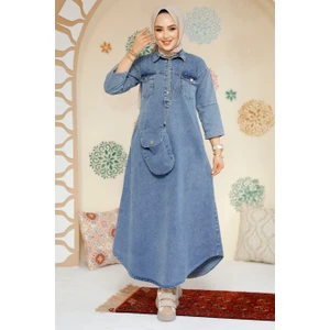 Çantalı Kot Koyu Mavi Tesettür Elbise 19132KM