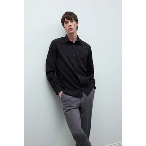 Regular Fit Polo Yaka Basic Düz Gofre Uzun Kollu Siyah Gömlek D8713AX25SP