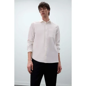 Regular Fit Polo Yaka Basic Düz Gofre Uzun Kollu Beyaz Gömlek D8713AX25SP