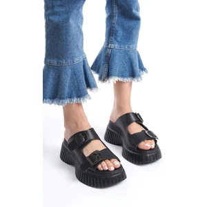 Sy Leather Pera Model Siyah Hakiki Deri Tokalı Kalın Tabanlı Günlük Kadın Terlik