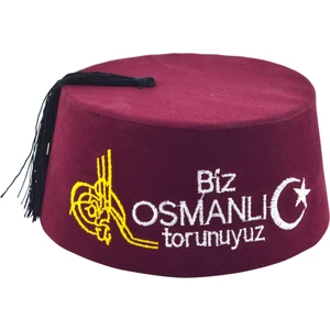 Biz Osmanlı Torunuyuz Yazılı Püsküllü Erkek Fesi 8,5cm Kısa