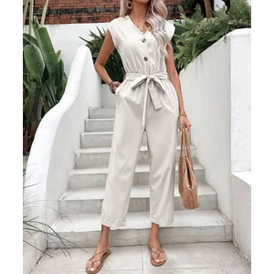 Kadın V Yaka Tek Sıra Düğmeli Kolsuz Keten Tulum