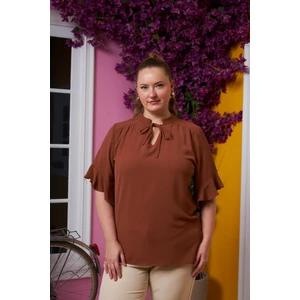 Yaka Bağcık Detaylı Büyük Beden Bluz Kahve