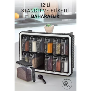 12'li Standlı Kendinden Yapışkanlı Kaşıklı Baharatlık Takımı - Etiketli Kapaklı Baharatlık Standı