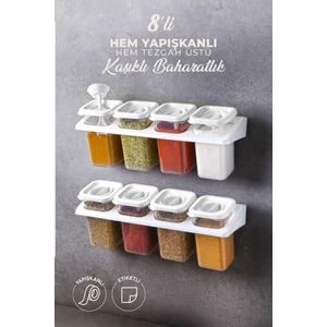 8'li Etiketli Standlı Kilitli Kaşıklı Kendinden Yapışkanlı Kare Baharatlık Takımı -Erzak Kabı Seti