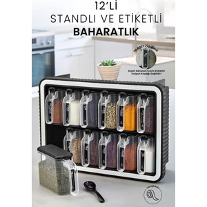 12'li Kırılmaz Hazneli Hafif Standlı Kendinden Yapışkanlı Kapaklı Kaşıklı Baharatlık Takımı Etiketli