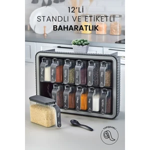 12 Li Standlı Kendinden Yapışkanlı Kapaklı Kaşıklı Baharatlık Takımı - Kulplu Baharatlık Standı