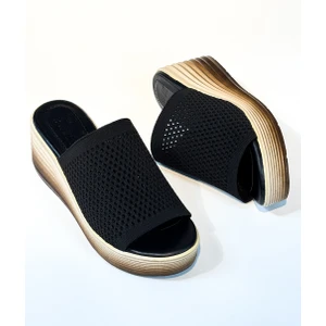 BA04482 Siyah Kadın Örgü Günlük Yumuşak 7 cm Dolgu Topuklu Terlik - 38
