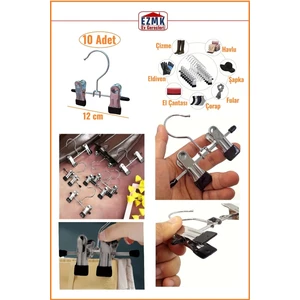 Ayarlanabilir Mandallı, Krom Metal Eşarp Askısı, Şapka Askısı, 10 Adet, 12  cm