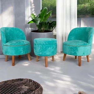 Turkuaz Teddy Kumaş Çay Seti Ikili Koltuk Berjer ve Sandık Puf Takımı (Salon, Balkon, Ofis) 3'lü Takım