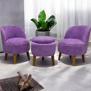 Lila Teddy Kumaş Çay Seti Ikili Koltuk Berjer ve Sandık Puf Takımı (Salon, Balkon, Ofis) 3'lü Takım