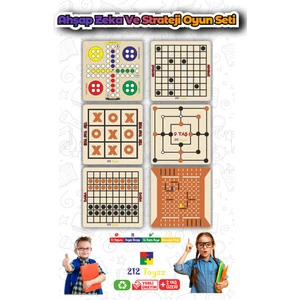 Time Table Ahşap Zeka ve Strateji Oyun Seti 6 Ad Reversi-Kızma Birader-Dama-Tic Toc Toe-Koridor Oyunu