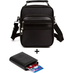 Erkek Siyah Günlük Omuz El Çantası ve Mekanizmalı Cüzdan NEW053