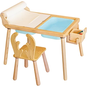 Woodnjoy  Doğal Ahşap Duyusal Çocuk Aktivite Masası Oyun Masası ve Çocuk Çalışma Masası 1 Sandalye Seti(Rulo Aparalı ve Kırtasiye Istasyonlu)
