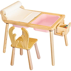 Woodnjoy  Doğal Ahşap Duyusal Çocuk Aktivite Masası Oyun Masası ve Çocuk Çalışma Masası 1 Sandalye Seti(Rulo Aparalı ve Kırtasiye Istasyonlu)
