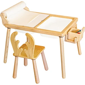 Wood & Joy & Doğal Ahşap Duyusal Çocuk Aktivite Masası Oyun Masası ve Çocuk Çalışma Masası 2 Sandalye Seti(Rulo Aparatlı ve Kırtasiye Istasyonlu)
