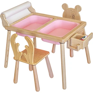 Wood & Joy & Doğal Ahşap Duyusal Çocuk Aktivite Masası Oyun Masası ve Çocuk Çalışma Masası 2 Sandalye Seti(Rulo Aparatlı ve Kırtasiye Istasyonlu)