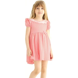 Bisiklet Yaka Dantelli Fiyonk Detaylı Somon Renk Elbise