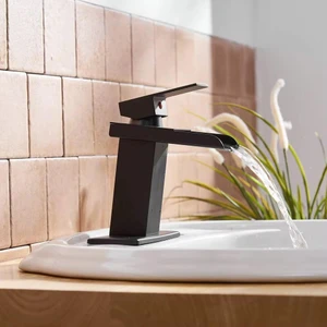 Rena Design Lavabo Bataryası Mat Siyah / Krom / Inox / Mat Gold Şelale Kare Gövde Eğimli Havza Banyo Armatür Çift Giriş Lüks Ergonamik