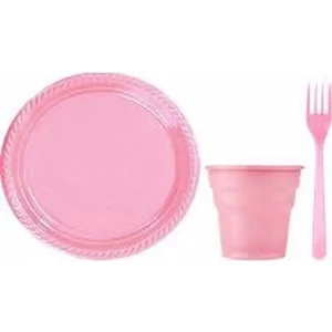 Gold Ambalaj Plastik Tabak Bardak Çatal Seti 25'li Kullan At Piknik Seti Pembe Tabak Pembe Çatal