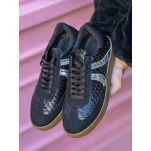 En Cici Moda Selinda Siyah Süet Baskılı Kauçuk Taban Bağcıklı Kadın Sneaker