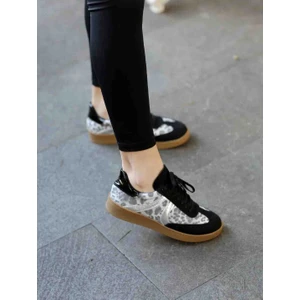 En Cici Moda Selinda Beyazleopar Desenli Siyah Süet Detaylı Bağcıklı Kauçuk Taban Kadın Sneaker Ayakkabı
