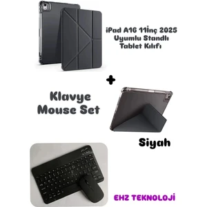 EHZ Teknoloji Apple iPad A16 11inç 2025 Uyumlu Standlı Tablet Kılıfı + Bluetooth Klavye Mouse Set