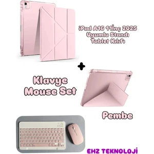 EHZ Teknoloji Apple iPad A16 11inç 2025 Uyumlu Standlı Tablet Kılıfı + Bluetooth Klavye Mouse Set