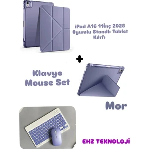 EHZ Teknoloji Apple iPad A16 11inç 2025 Uyumlu Standlı Tablet Kılıfı + Bluetooth Klavye Mouse Set