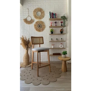 Concept Zion Bar Sandalyesi Teddy Krem Kahve Desenli Kumaş Hasırlı Naturel Ahşap Ada Sandalye