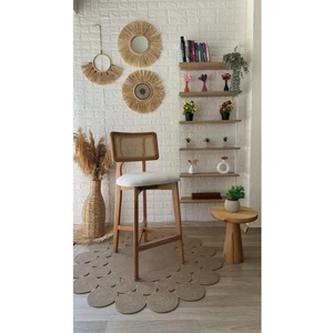 Concept Zion Bar Sandalyesi Teddy Krem Kumaş Hasırlı Bar Sandalyesi Naturel Ahşap Ada Sandalye