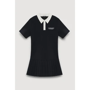 Polo Yaka Pileli Mini Elbise Lacivert