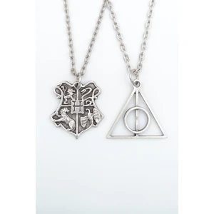 2'li Harry Potter Ölüm Yadigarları Üçgen - Hogwarts Gümüş Kaplama Kolye Seti