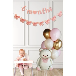 Pembe 6 Aylık Partisi Balon Seti Krem Retro Ayı Fiyonk Bannerlı Yarım Yaş Balon Seti