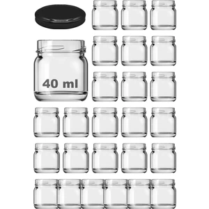 40 cc Kavanoz Metal Siyah Konserve Kapaklı 40 ml Şeffaf Küçük Numune Cam Kavanoz 25 Adet