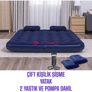 Çift Kişilik Şişme Yatak Set 2 Yastık+ Şişirme Pompası Hediyeli Sahil Kamp Yatağı
