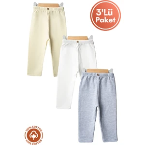 Unisex Bebek Düğme Detaylı Tayt Model %100 Organik Pamuklu Penye Bebek Pantolon Tek Alt 3lü Set