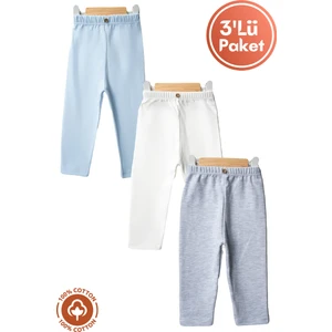Unisex Bebek Düğme Detaylı Tayt Model %100 Organik Pamuklu Penye Bebek Pantolon Tek Alt 3lü Set