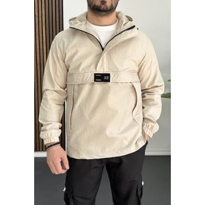 Erkek Slim Fit Krinkıl Kumaş Kanguru Cepli Yarım Fermuarlı Mevsimlik Mont Krem EDW077