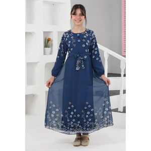 Kız Çocuk Çiçek Desenli Şifon Elbise – Uzun, Astarlı, Tesettüre Uygun ELBISE-ELB-0040