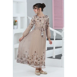 Kız Çocuk Çiçek Desenli Şifon Elbise – Uzun, Astarlı, Tesettüre Uygun ELBISE-ELB-0040