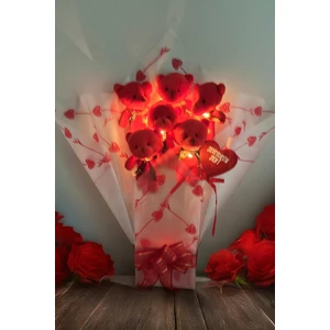 LED Işıklı, Premium Yumoş Kırmızı Peluş Ayıcık Buketi, Sevgiliye, Doğum Gününe Hediye
