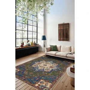 Vintage Halı Modern Motifli Yeşil ve Mavi Klasik Çiçek Desenli Dijital Şönil Halı