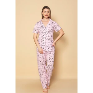 Dreamy Pamuklu Kalp Desenli Kısa Kollu Düğmeli Gömlek Pijama Takımı