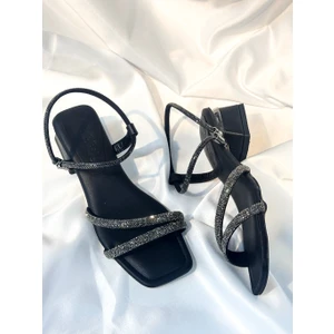 BA04262 Siyah Kadın Iki Taşlı Abiye Yumuşak Taba 3 cm Topuklu Ayakkabı - 39